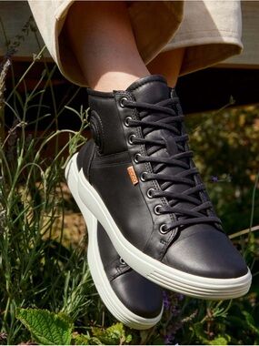 ECCO Black Soft 7 Hightop Sneaker with White Sole